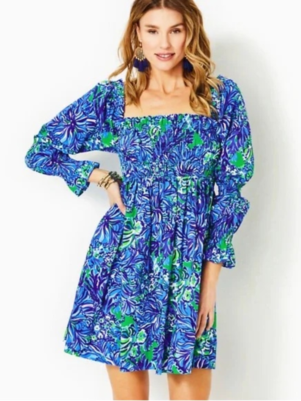 Lilly Pulitzer Beyonca Babydoll Dress in Blue Green Floral - XXS